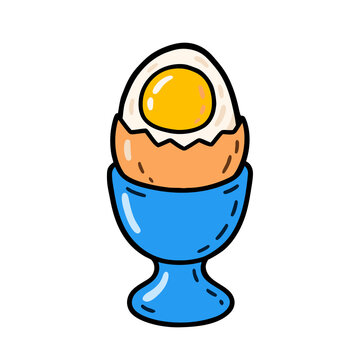 Boiled egg in blue egg cup with yellow yolk, cute cartoon breakfast food eggshell sticker icon vector