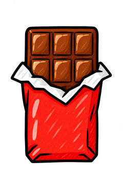 Opened chocolate bar in red wrapper, cute cartoon sweet cocoa candy bar dessert sticker icon vector