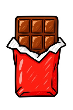 Opened chocolate bar in red wrapper, cute cartoon sweet cocoa candy bar dessert sticker icon vector