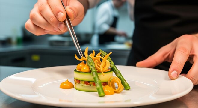 Chef plating gourmet vegetable tower with tweezers on white plate
