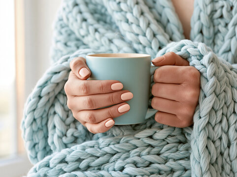 Close up of hands holding warm ceramic mug wrapped in knitted blanket, creating cozy feeling of comfort and relaxation