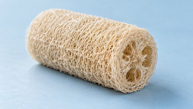 Natural rolled loofah sponge showing fibrous texture on pale blue