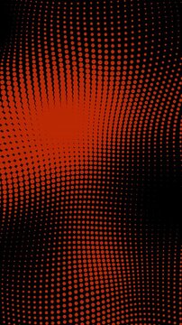 Orange halftone dots swell and shrink in a warped wave pattern on black. Bold pop art dot grid with hypnotic depth. Vertical video for stories, reels and mobile ads. Seamless 4K 60fps loop.