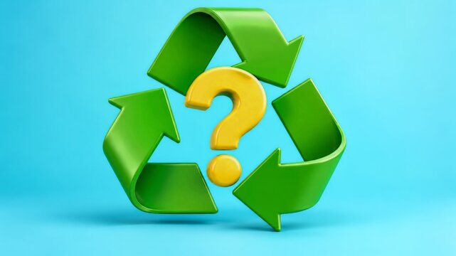 Yellow question mark surrounded by bright green recycling arrows on cyan