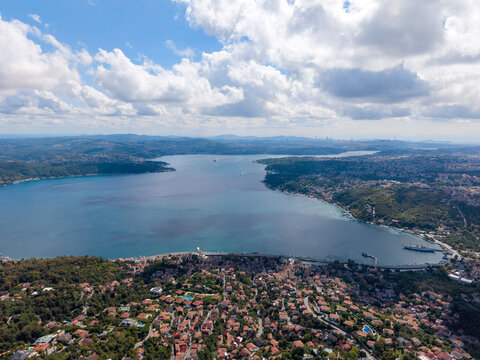 Panoramic Aerial View Of Bosphorus Strait Under Cloudy Sky In Istanbul