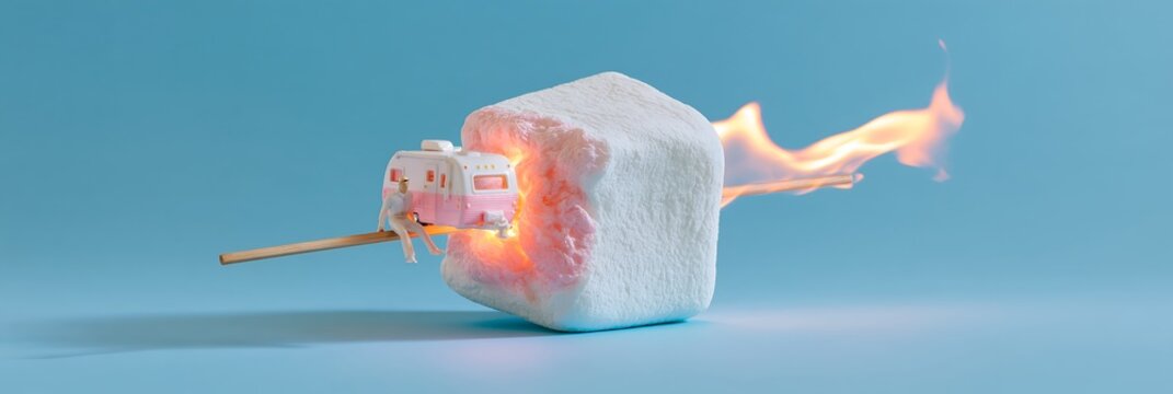 Burning marshmallow on a stick against a blue background