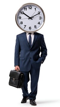 Businessman with clock head walking with briefcase