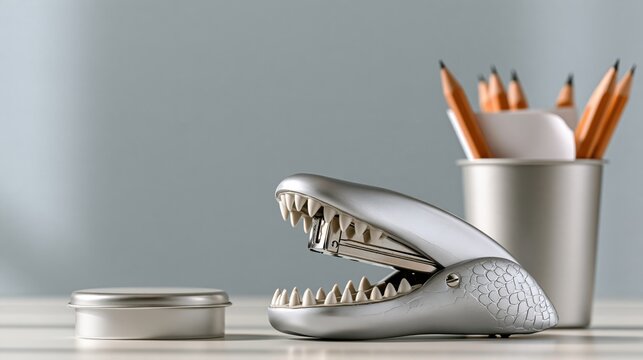 Desk stapler with its jaws wide open like a crocodile on a clean desk, pale yellow wall with copy space on the right