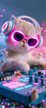 Cute cat DJing with glowing gear and pink lights