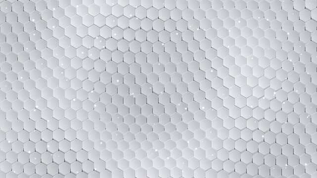 Abstract white hexagon background with moving geometric tiles, clean 3d honeycomb pattern animation, minimalist light gray tech surface