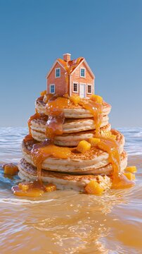 House perched on pancakes floating in syrupy water under blue sky