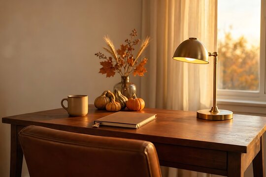 Autumn pumpkins and notebook on wooden desk with lamp and copy space