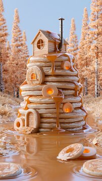Pancake house made of stacked pancakes and dripping syrup
