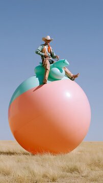 Person riding oversized inflatable balloon in desert grassland under sunny sky