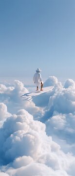 Person stands atop snow-covered ridge, surrounded by soft clouds