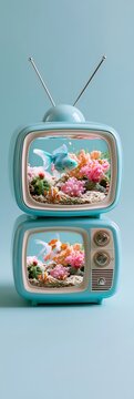 Stacked retro TV displays underwater scenes with fish and coral reef