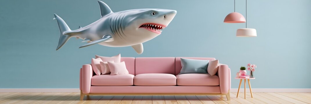 Surreal living room with giant shark hovering above pink couch