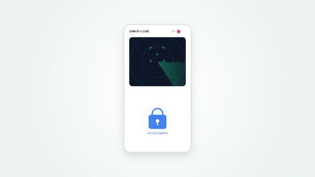 Modern Tech Security User Interface Animation Featuring Live Camera Feed with Radar Scanning and Access Granted Lock Status Loop Footage
