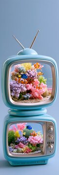 Two stacked vintage TVs display vibrant coral reef scenes
