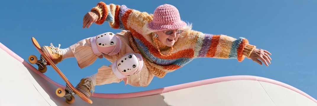 Young person wearing knit sweater and hat rides skateboard over ramp