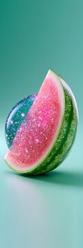 Watermelon slice with sparkling blue orb on teal background
