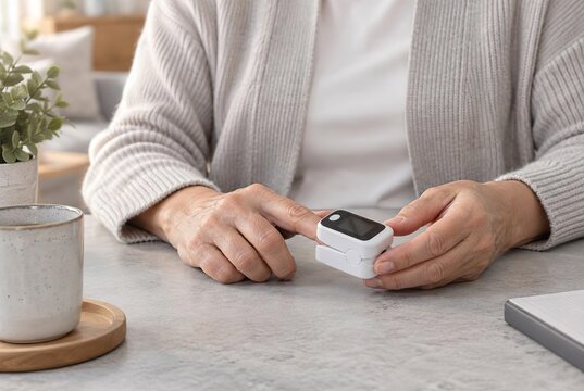 Senior check oxygen level with finger clip pulse oximeter at table at home