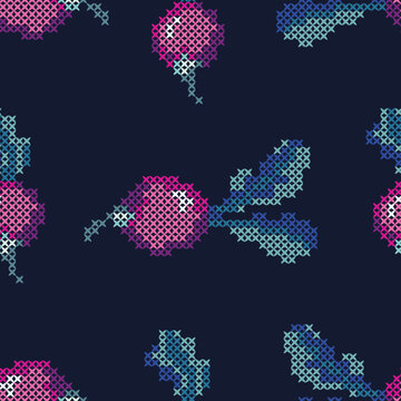 Vintage Radish Seamless Pattern in Pink and Blue Cross Stitch Style