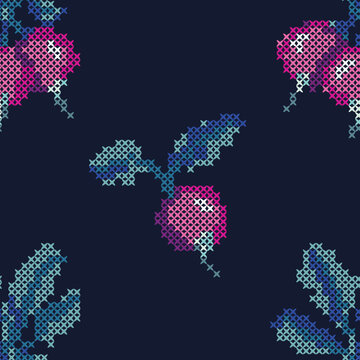 Vintage Radish Seamless Pattern in Pink and Blue Cross Stitch Style