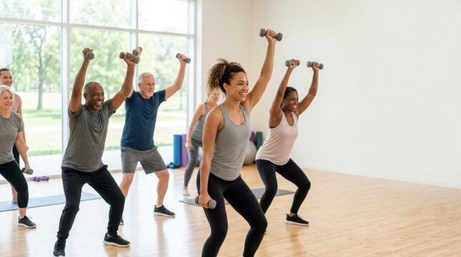 Group fitness class exercising with dumbbells in a bright studio. Diverse people doing squats and strength training