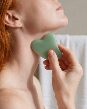 Close-up of redhead female using gua sha scraping neck technique with heart-shaped jade stone to stimulate lymphatic flow and firm skin.