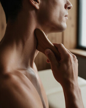 Young man performing gua sha scraping neck technique with wooden scraper tool to relieve neck tension and boost blood circulation.
