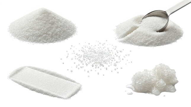 Different Forms of Sugar and Sweetener Granules, featuring granulated sugar, sugar granules, baking, cooking, white sugar, sugar piles, crystalline, food ingredient