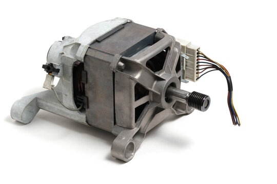Electric motor for household appliance side perspective view isolated on clean white background.
