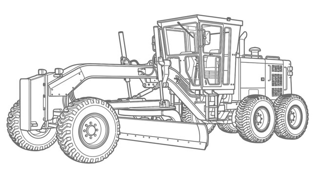 Outline line illustration of a heavy motor grader construction vehicle in profile