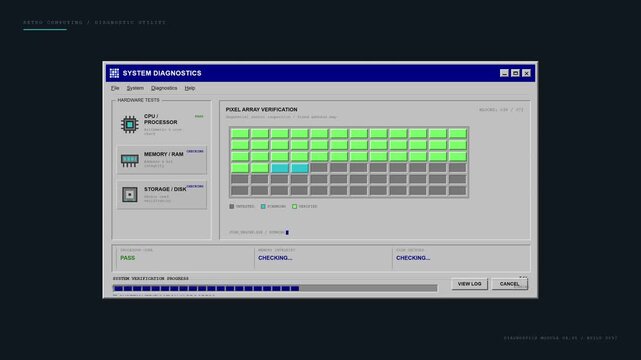 A nostalgic pixel-based computer diagnostics animation featuring a classic gray software window, blue title bar, hardware verification icons, sequential pixel scanning, segmented progress indicators,