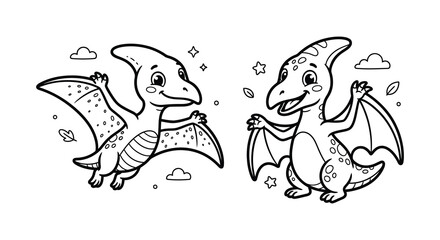 Dinosaurs and prehistoric plants form a black and white vector illustration © Begum