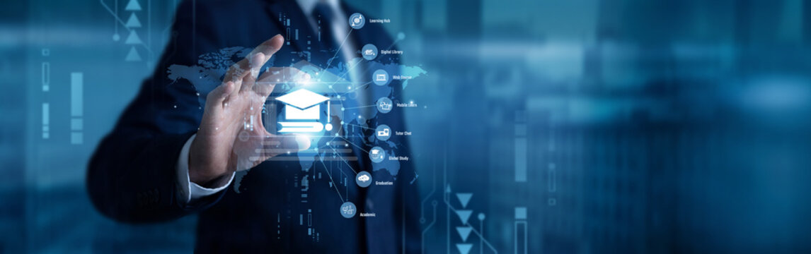An educator hand raised and fingers are touching a glowing E-Learning digital network connecting global distance education classrooms. Interactive digital study platform .