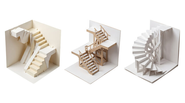Three paper pop-up models of architectural staircases, including straight, l-shaped, and spiral on white backgrounds