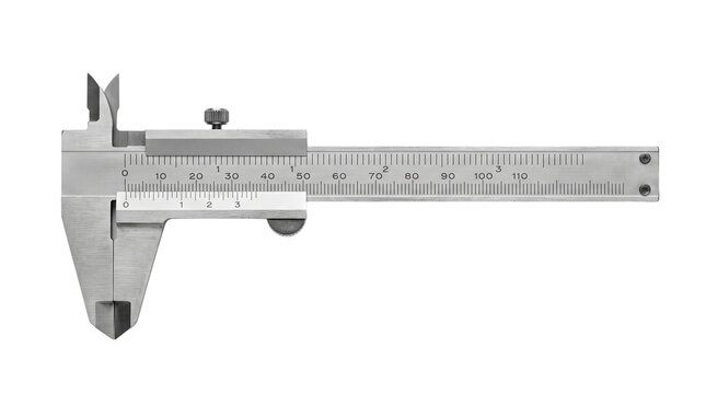 Stainless steel vernier caliper for precision measurement, professional sliding gauge tool, industrial metal measuring instrument for engineering isolated PNG with Transparent Background