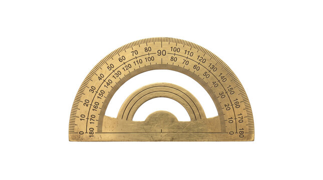 Antique brass protractor for mathematical drawing, vintage metal semi-circle measuring tool, golden scientific instrument for engineering and design isolated PNG with Transparent Background
