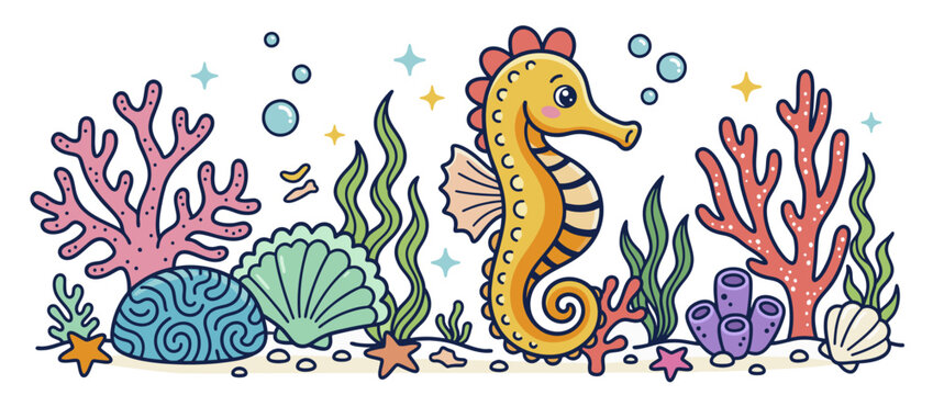 Cute yellow cartoon seahorse swimming in a colorful coral reef