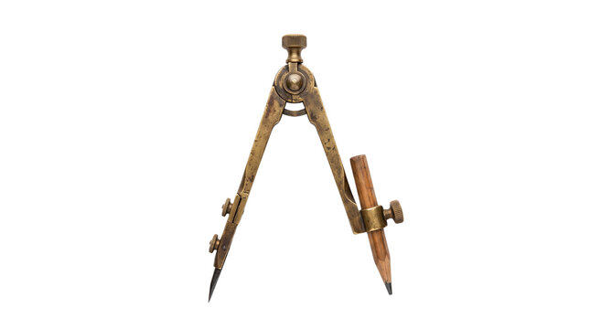 Vintage brass drawing compass with pencil, antique drafting tool for geometry and architecture, rustic metal mathematical instrument isolated PNG with Transparent Background