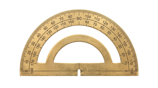 Vintage brass protractor for geometry and drafting, antique metal measuring tool with degree markings, golden mathematical instrument for engineering isolated PNG with Transparent Background