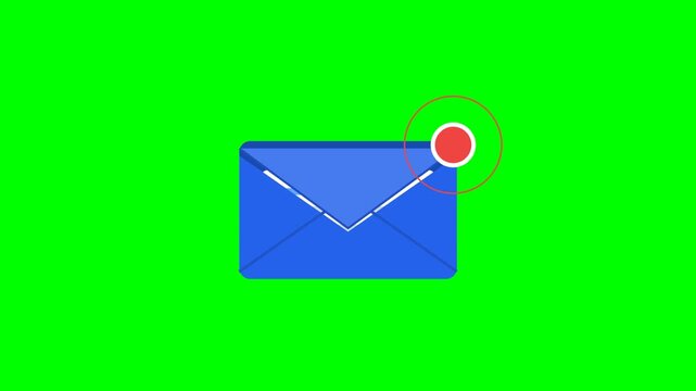 Email icon animation on green screen, envelope opening with letter sliding out, message flying away and returning with red notification dot, animated mail symbol for chroma key