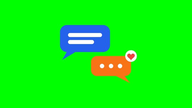 Chat bubble icon animation on green screen, speech bubble with typing dots turning into a message, reply bubble popping in with heart reaction, animated messaging symbol for chroma key