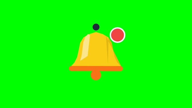 Notification bell icon animation on green screen, golden bell swinging and ringing with sound waves and red alert badge popping, animated alert and subscribe symbol for chroma key