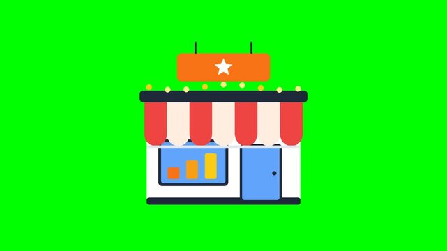 Shop icon animation on green screen, storefront building with striped awning unrolling, sign board, twinkling lights and opening door, animated store and small business symbol for chroma key