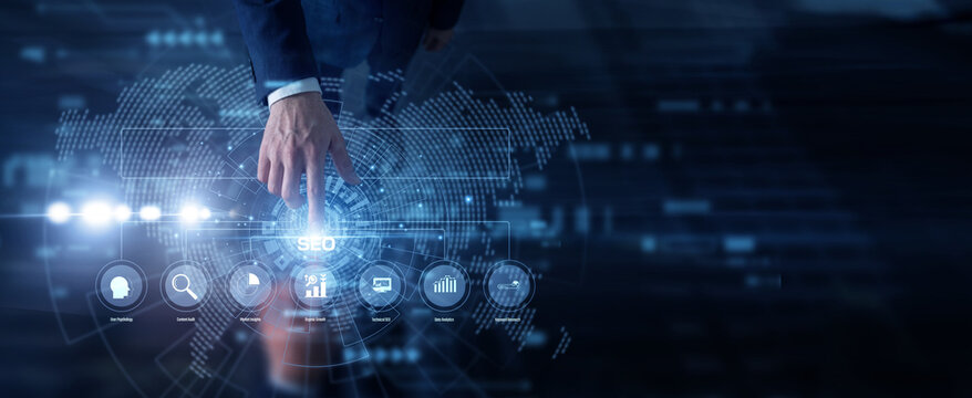 An SEO strategist manages an interactive digital touch interface. Analyzing global SEO trends across a digital world map, maximizing web visibility and search performance for top brands.