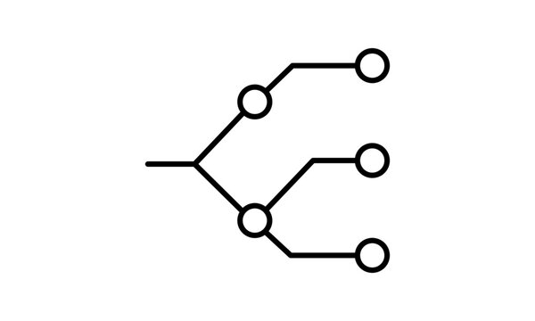 Branching network node icon, decision tree, git branch or circuit trace symbol, black line art