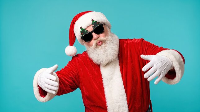 A cool and modern santa claus in his classic red suit and white beard strikes a playful pose with festive christmas tree sunglasses against a vibrant blue studio background.